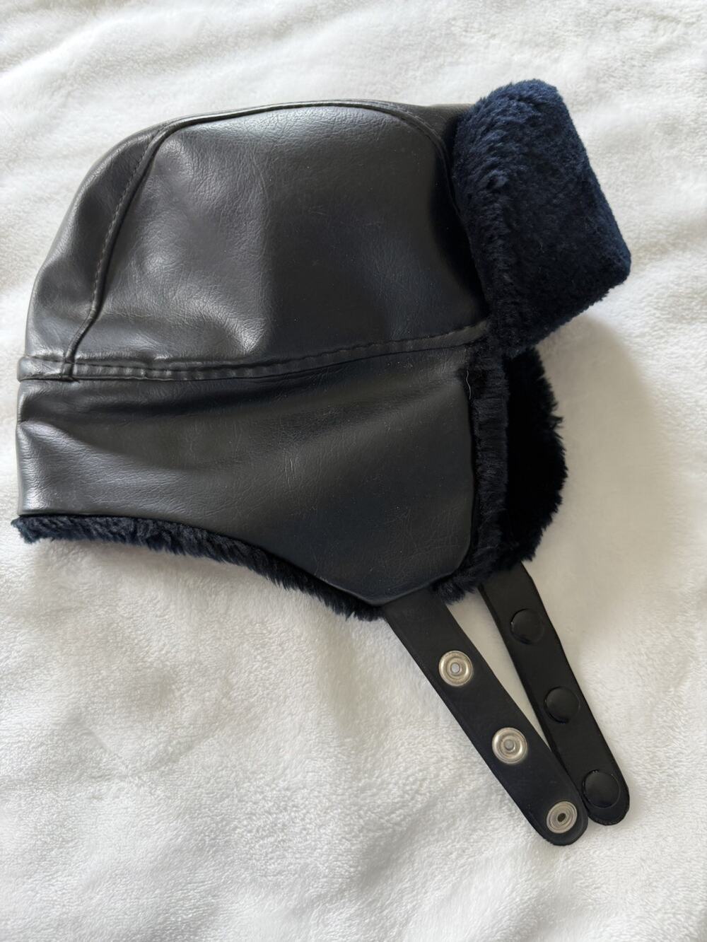 Black Leather Sz large 1950’s Vintage Trooper Hat Made in Korea Ear Flap Aviator